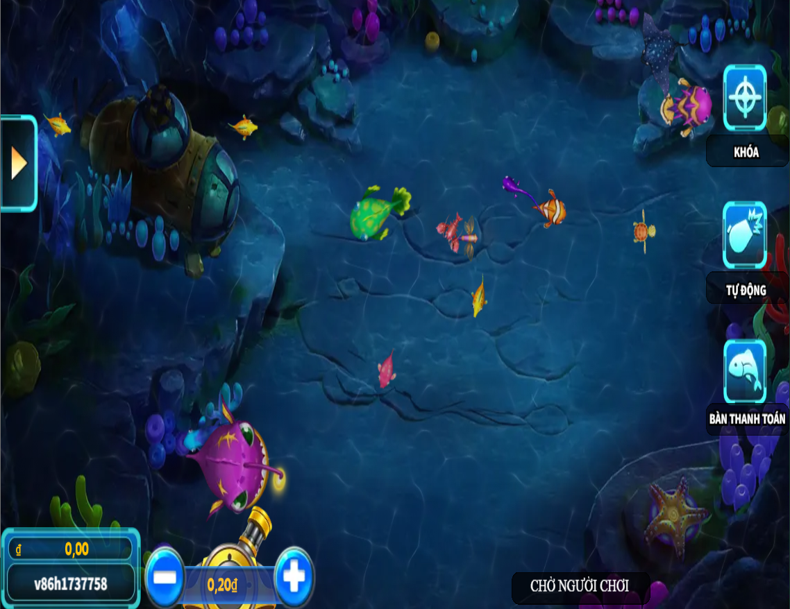 Hình ảnh giao diện bắn cá xèng OK365 với thế giới đại dương sống động, nơi người chơi sử dụng khẩu đại bác để săn cá và nhận thưởng lớn